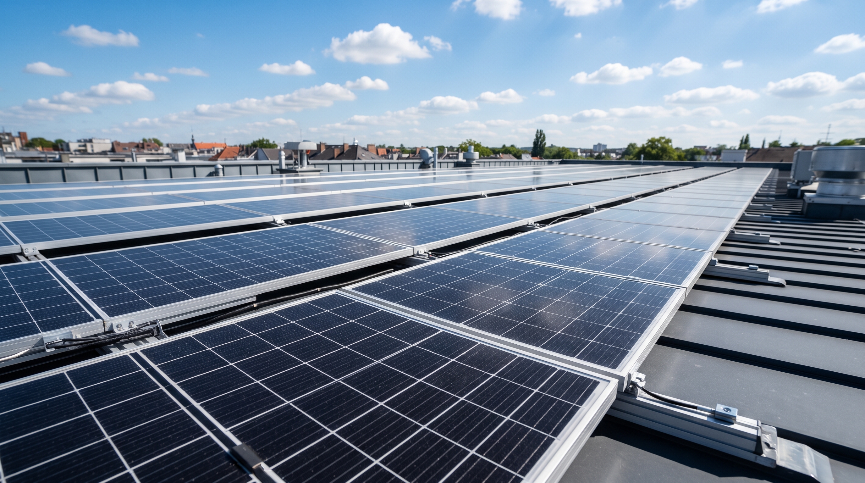 Close-up of rooftop solar panels against a blue sky