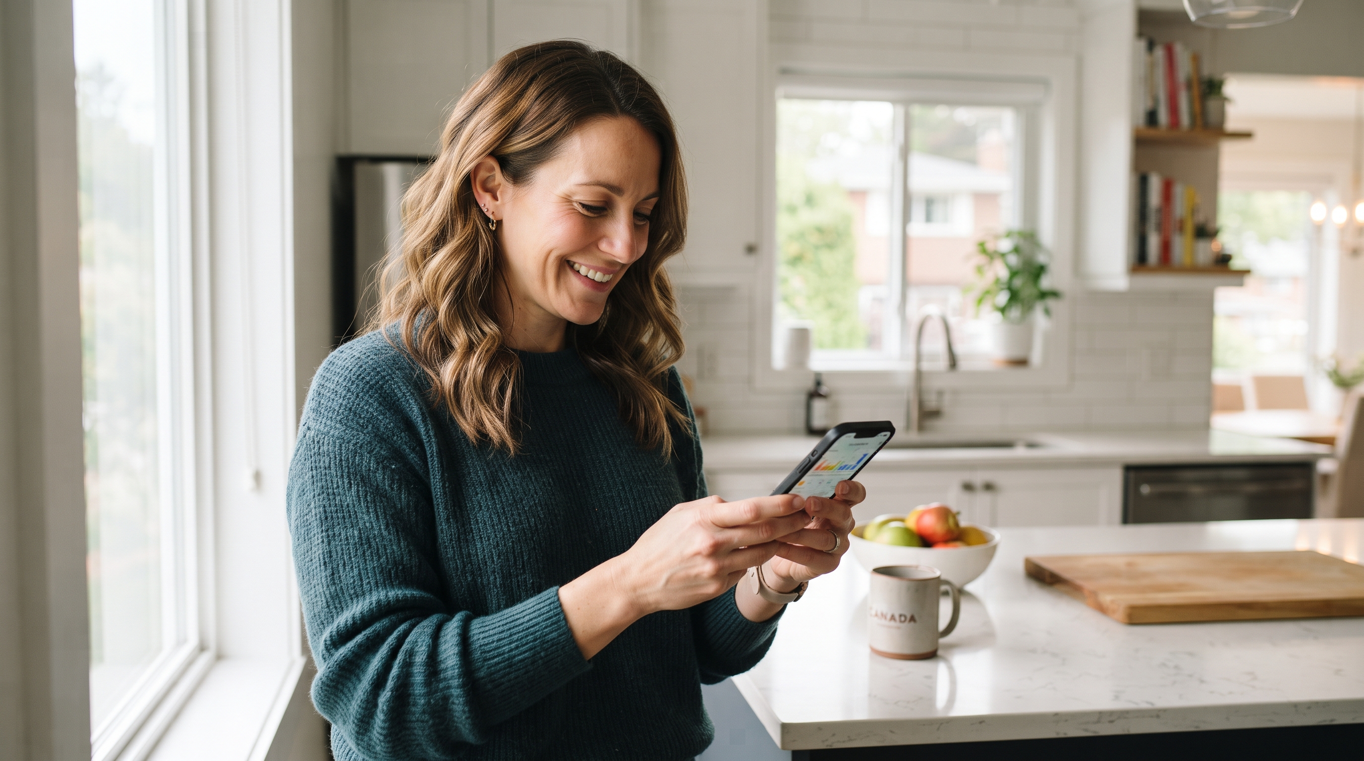 Homeowner checking a home-energy app in a bright kitchen