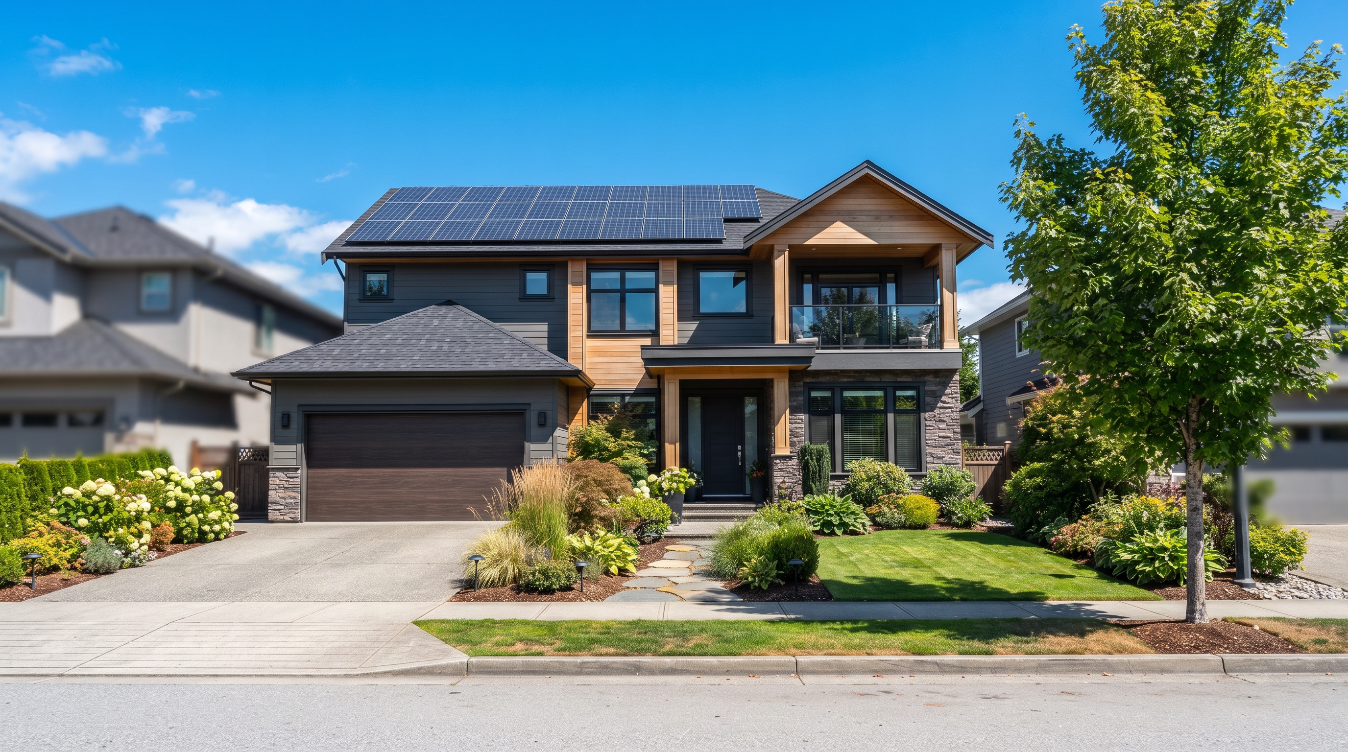 Canadian home with rooftop solar panels under a clear sky